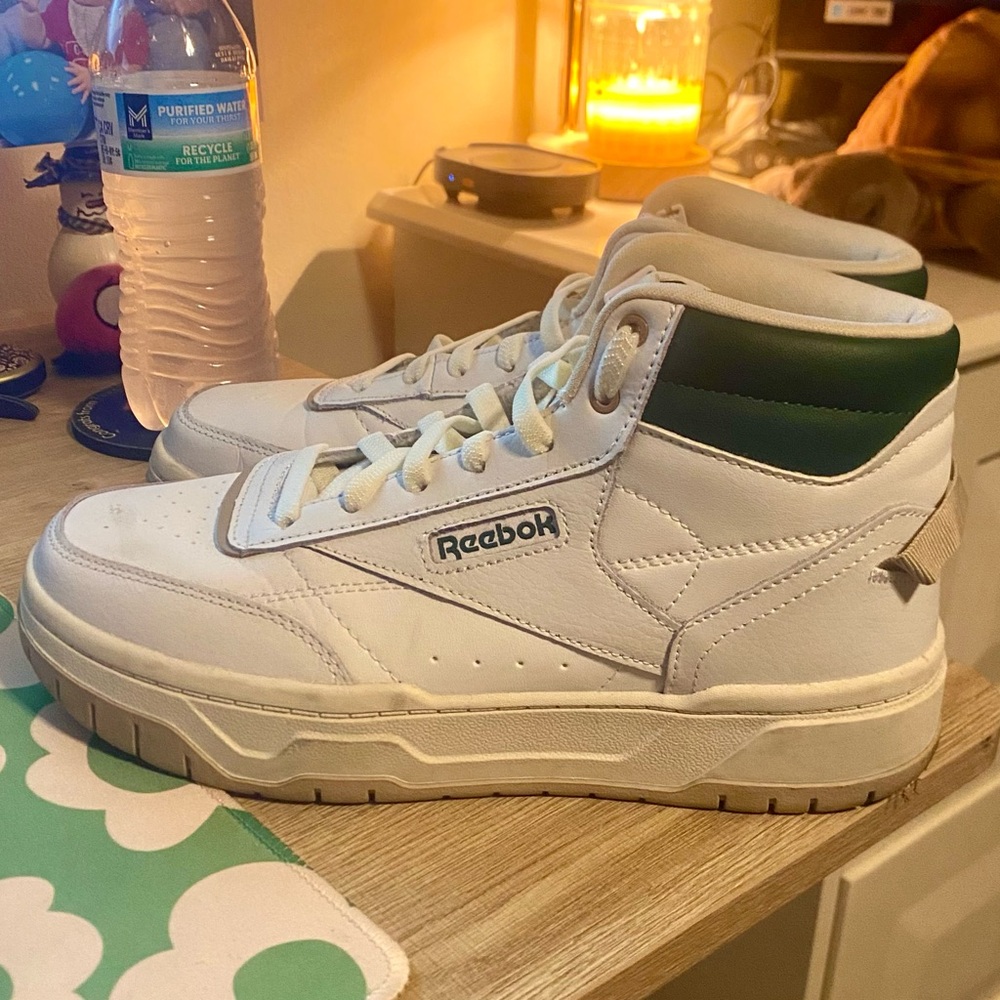 Reebok White Mid-Top Sneakers with Dark Green Collar
